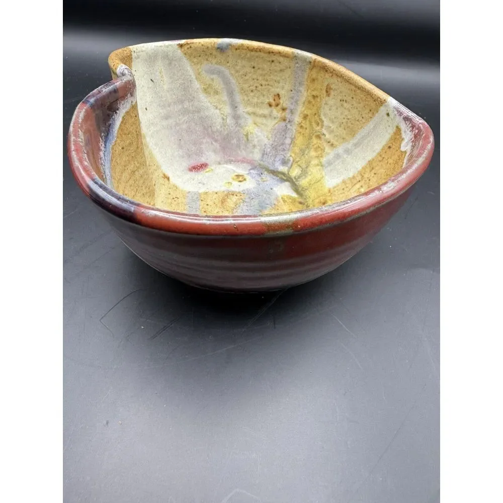 Heart Shaped Stoneware‎ Pottery Bowl Signed Glazed Multicolor Drip